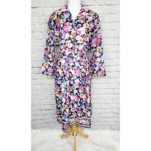 Vintage 80s Dorothy Samuel Navy Blue Pink Floral Long Sleeve Button Shirt Dress
